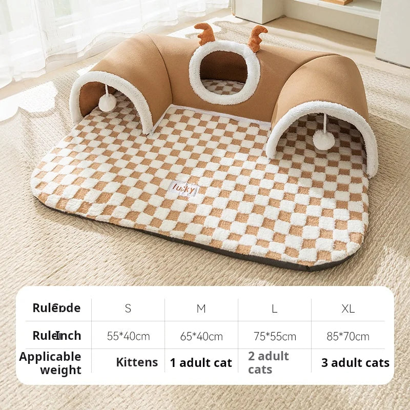 Winter Hide-and-Seek Cat Bed,Warm Integrated Cat Play & Sleep Bed/Tunnel/Cave