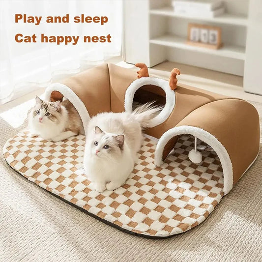 Winter Hide-and-Seek Cat Bed,Warm Integrated Cat Play & Sleep Bed/Tunnel/Cave