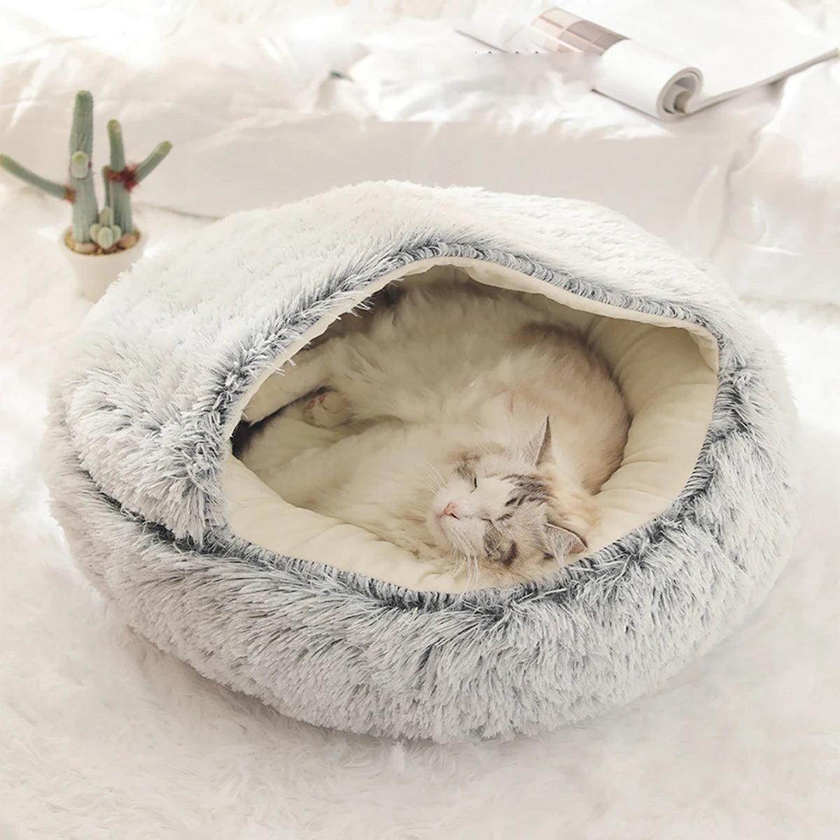 Pet Bed round Fluffy Soft Cat Bed , Warm Cat  Sleeping Cave.