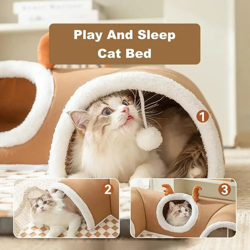 Winter Hide-and-Seek Cat Bed,Warm Integrated Cat Play & Sleep Bed/Tunnel/Cave