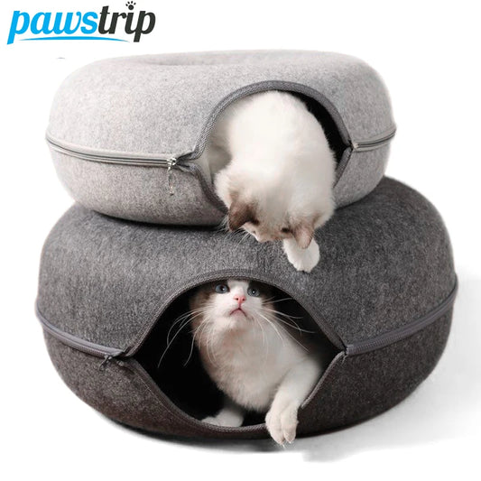 Interactive Dual Cat Tunnel House , Natural Felt Cat Cave & Play Tunnel.