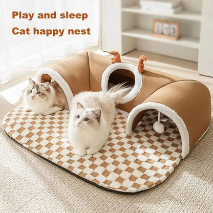 Winter Hide-and-Seek Cat Bed,Warm Integrated Cat Play & Sleep Bed/Tunnel/Cave